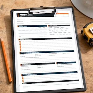 May include: A black clipboard holding a white construction daily report form titled PARTE DE OBRA with sections for personnel, weather, tasks, delays, safety, and documentation, accompanied by an orange pencil and a yellow measuring tape.