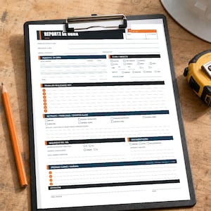 May include: A black clipboard holding a white construction daily report form titled REPORTE DE OBRA. The form features sections for project details, personnel, weather, daily tasks, delays, safety, and documentation with orange and dark blue accents.