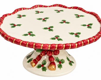 Vintage Fitz and Floyd Deck the Halls Stojak na ciasto świąteczne Holly Berry Pedestal w kolorze czerwonym i złotym