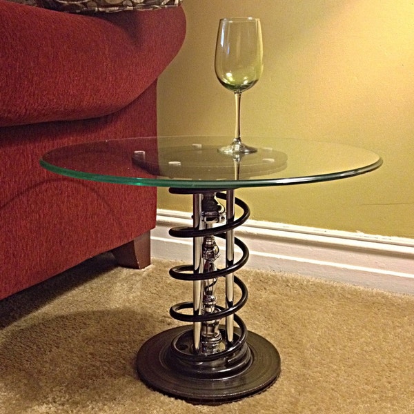 Handcrafted Steel Industrial Side Table named Tornador-- constructed of reclaimed automotive parts & repurposed chrome with Steampunk flair