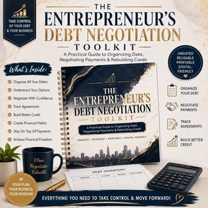 May include: A spiral-bound workbook titled The Entrepreneur's Debt Negotiation Toolkit with a navy and gold marble cover featuring a city skyline. Includes a debt inventory sheet, a navy mug with gold text, a gold pen, and a black calculator.