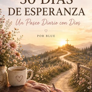 May include: A book titled 30 DÍAS DE ESPERANZA Un Paseo Diario con Dios POR BLUE, featuring a brown leather-bound book with a cross, a ceramic mug with a heart, a pink knit throw, and a butterfly, set against a landscape with a path and cross.