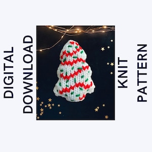 May include: A digital download pattern for knitting a Christmas tree ornament. The ornament is white with red and green stripes and a green and white star on top.
