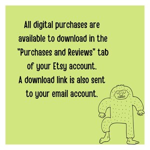 Op de afbeelding: Een groene achtergrond met een tekstvak waarin staat: "Alle digitale aankopen zijn beschikbaar om te downloaden in het tabblad "Aankopen en beoordelingen" van je Etsy-account. Een downloadlink wordt ook naar je e-mailaccount gestuurd." Een groen monster uit een cartoon staat rechts van het tekstvak.