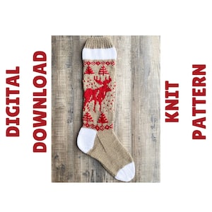 May include: Knit stocking pattern featuring a red moose and pine trees on a tan background with white accents. Digital download.
