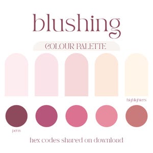 Può includere: Un grafico della tavolozza dei colori intitolato blushing con cinque campioni a forma di arco rosa chiaro e crema etichettati come highlighters e cinque cerchi rosa scuro e malva etichettati come pens. Il testo hex codes shared on download appare in basso.