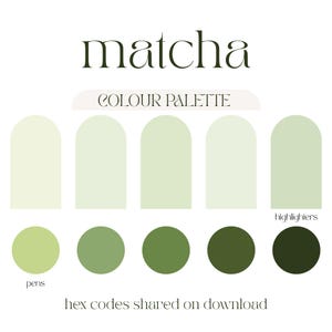 Può includere: Una grafica di tavolozza colori intitolata matcha con cinque campioni a forma di arco in tonalità verde chiaro e cinque campioni circolari in tonalità verde scuro. Il testo riporta matcha, COLOUR PALETTE, highlighters, pens, hex codes shared on download.