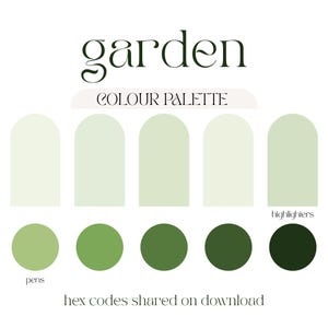 Può includere: Una grafica di tavolozza colori intitolata garden COLOUR PALETTE che presenta cinque forme ad arco verde chiaro etichettate highlighters e cinque cerchi verde scuro etichettati pens. Il testo hex codes shared on download appare in basso.