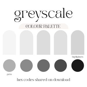 May include: A greyscale colour palette graphic featuring the text greyscale, COLOUR PALETTE, highlighters, pens, and hex codes shared on download. It displays five vertical arch shapes in varying shades of grey and five circles in darker grey tones.