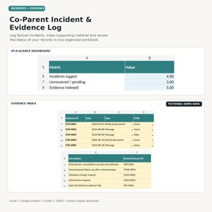 May include: A digital workbook titled Co-Parent Incident & Evidence Log featuring an At-A-Glance Dashboard with metrics for incidents and evidence, and an Evidence Index table displaying IDs, dates, types, children, descriptions, and record IDs.