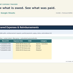 May include: A digital co-parent expense tracker spreadsheet for Excel and Google Sheets. The interface displays a table titled Shared Expenses & Reimbursements with columns for Record ID, Expense Date, Child, and Category, featuring demo data.