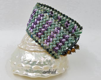 Herringbone Superduo and Half Tila Bracelet, Green, Lavender, Purple Garden Bracelet, Herringbone Cuff Bracelet, Bead & Loop Toggle Bracelet