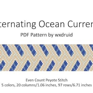 May include: A beading pattern for a bracelet with alternating ocean currents. The pattern is for even count peyote stitch and uses 5 colors. The pattern is 1.06 inches wide and 6.71 inches long.
