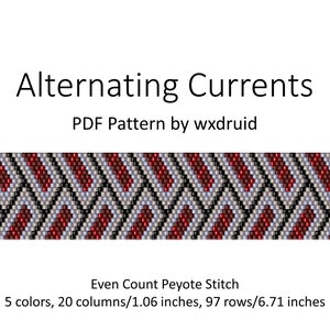 May include: A beading pattern for a bracelet called "Alternating Currents" by wxdruid. The pattern is for even count peyote stitch and uses 5 colors. The finished bracelet is 1.06 inches wide and 6.71 inches long.