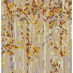 May include: Abstract mosaic art piece depicting a forest scene. The artwork uses a pixelated style with a palette of warm colors, including shades of yellow, brown, and red, to represent the trees and foliage. Vertical lines create the background.