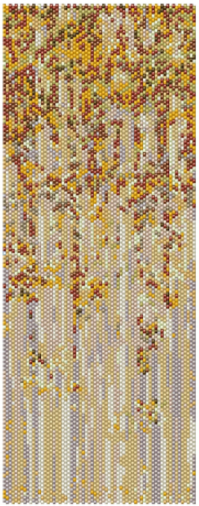 May include: Abstract mosaic art piece depicting a forest scene. The artwork uses a pixelated style with a palette of warm colors, including shades of yellow, brown, and red, to represent the trees and foliage. Vertical lines create the background.