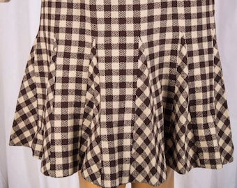 1960s brown plaid, box pleated skirt. Unlined, 100% wool, playful, midcentury, retro, Tulip skirt