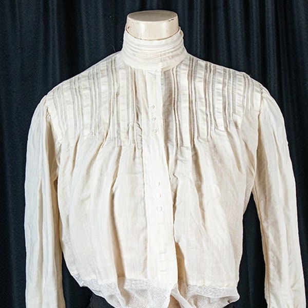 Victorian, Edwardian, pin tucked blouse. white, antique, high collar, with tail