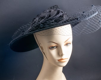 1980s, Black wide brimmed embellished formal hat. Derby hat,