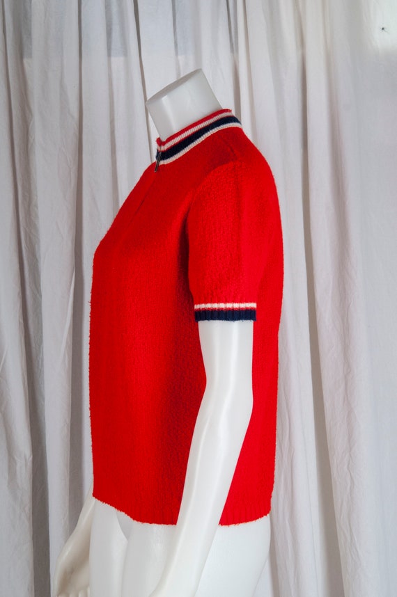 1970s bright red, short sleeved, half zip, boucle… - image 2