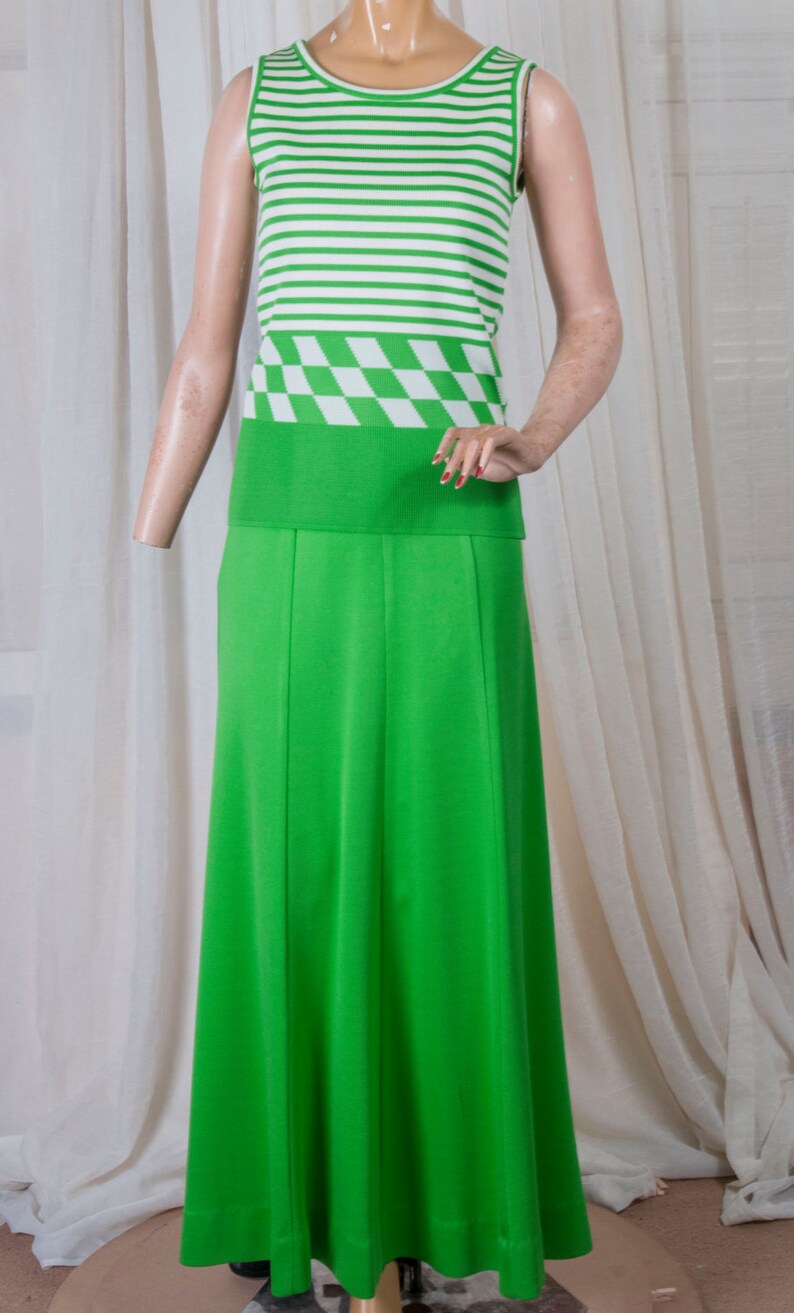 1970s 3piece Knit Bright Green and White Maxi Skirt Set by | Etsy