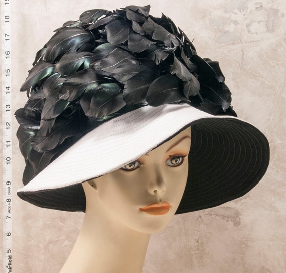 1970s white and black wool wide brimmed hat w bla… - image 3