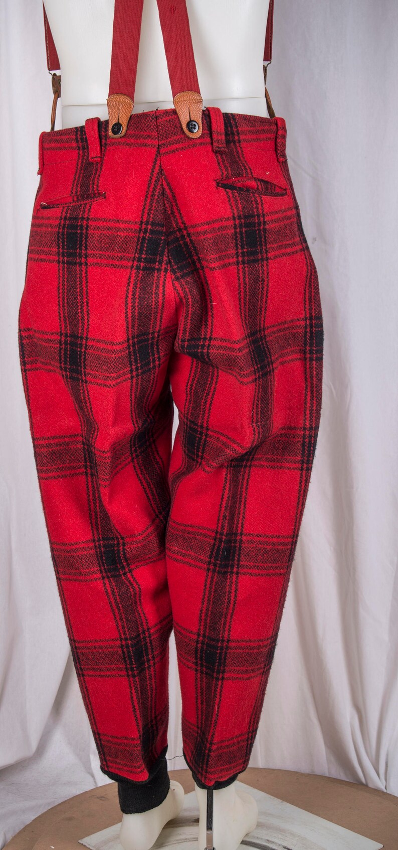 1950s red plaid wool mens hunting pants with suspenders. | Etsy