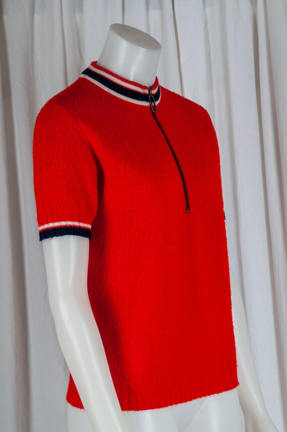 1970s bright red, short sleeved, half zip, boucle… - image 4