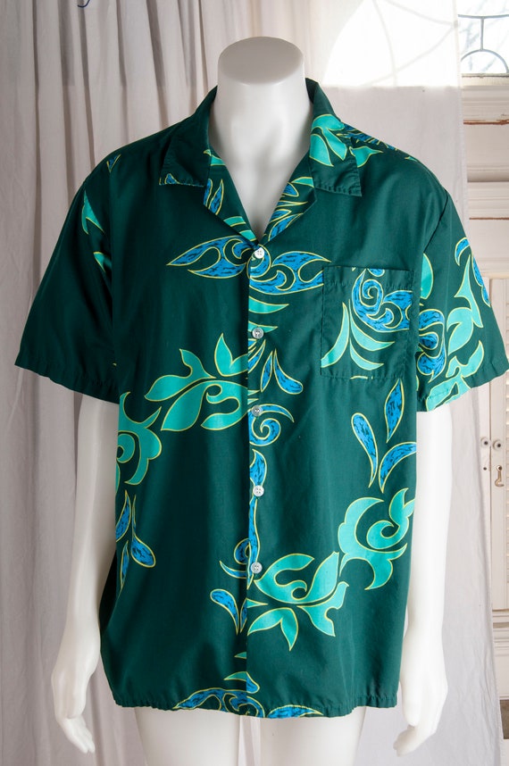 Arii Hawaiian shirt. Short sleeved, green, 1980s,… - image 1