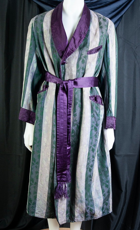 1930s mens dressing, bath robe, striped, silk, sa… - image 3