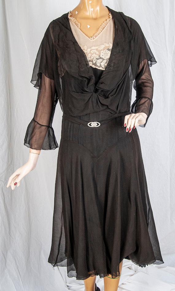 1920s dark brown, mid length dress with beige cott