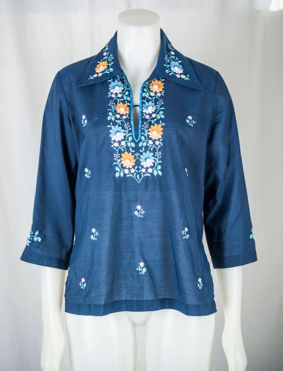 1980s, Navy blue, Peasant blouse, Made in China b… - image 1