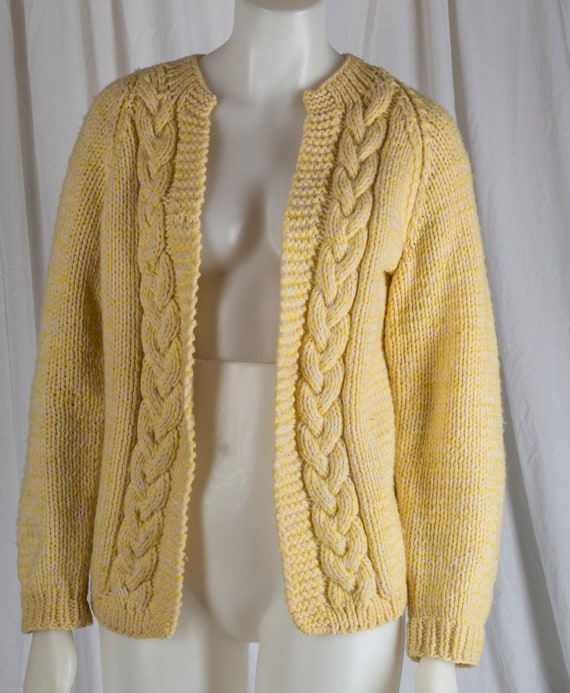 1960s Hand Knit yellow cable cardigan. Classic, s