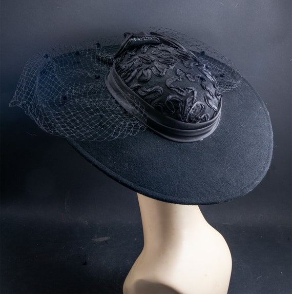 1980s, Black wide brimmed embellished formal hat.… - image 4