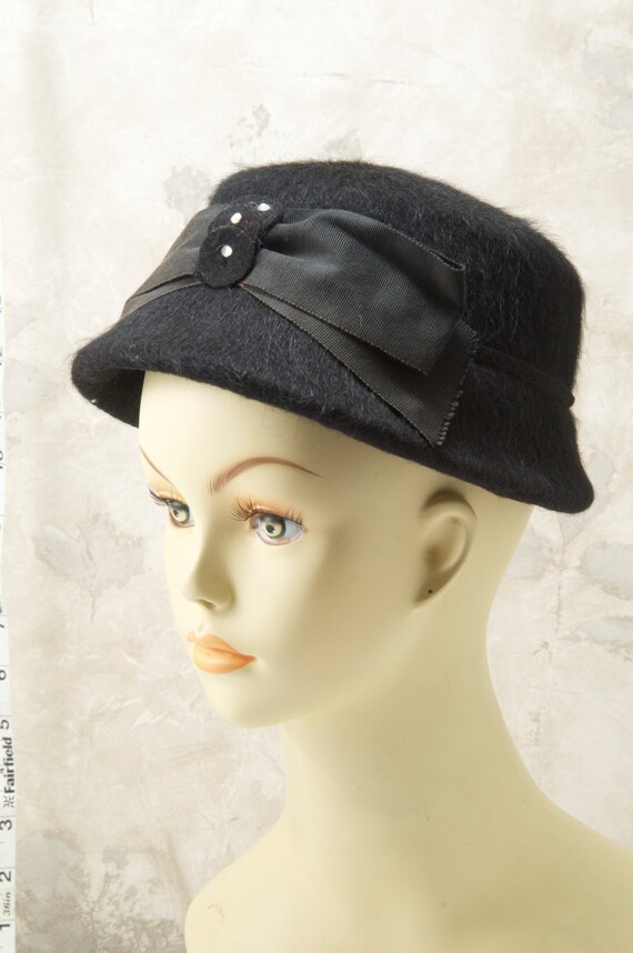 Black fuzzy wool pork pie hat w/ribbon and adornme