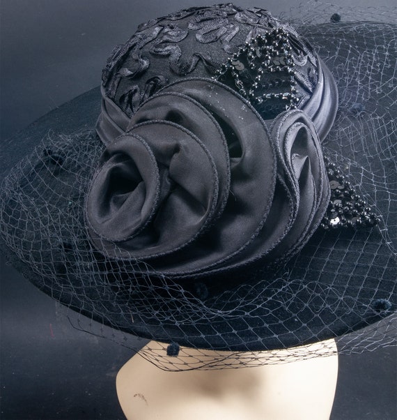 1980s, Black wide brimmed embellished formal hat.… - image 5