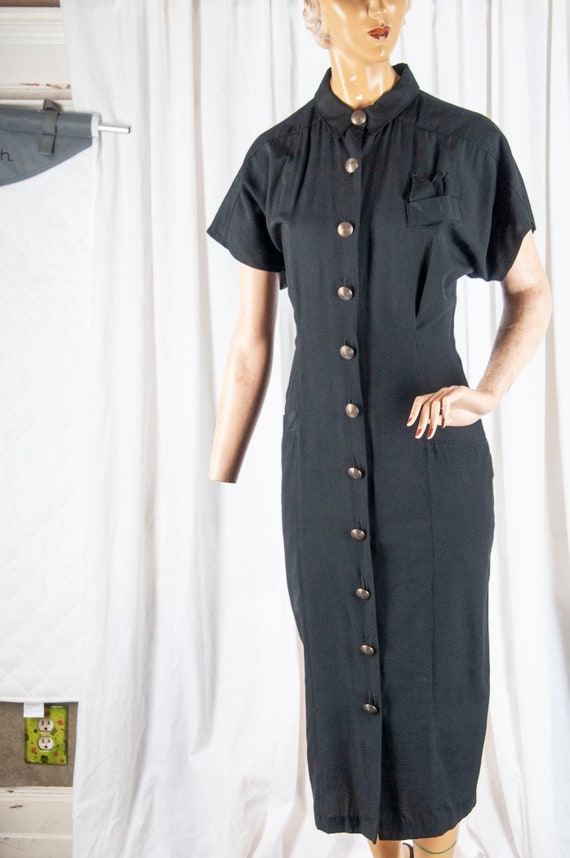 1980s Nina Piccalino shirt dress. Black with metal