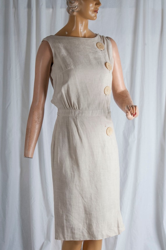 1960s, beige, asymmetrical linen dress w/ big Bake