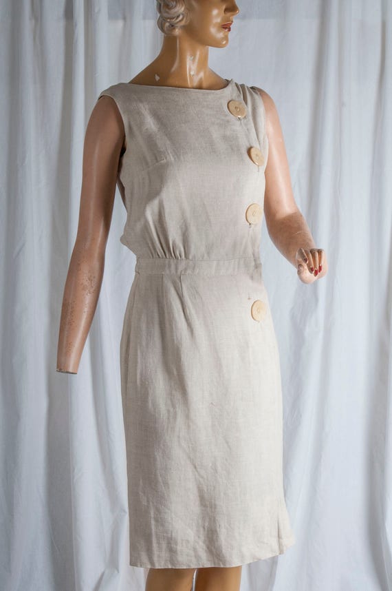 1960s, Beige, Asymmetrical Linen Dress W/ Big Bakelite Buttons  