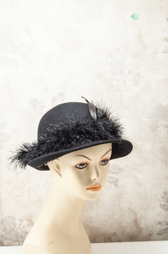 BOLD up cycled women's black wool hat w brass fea… - image 4