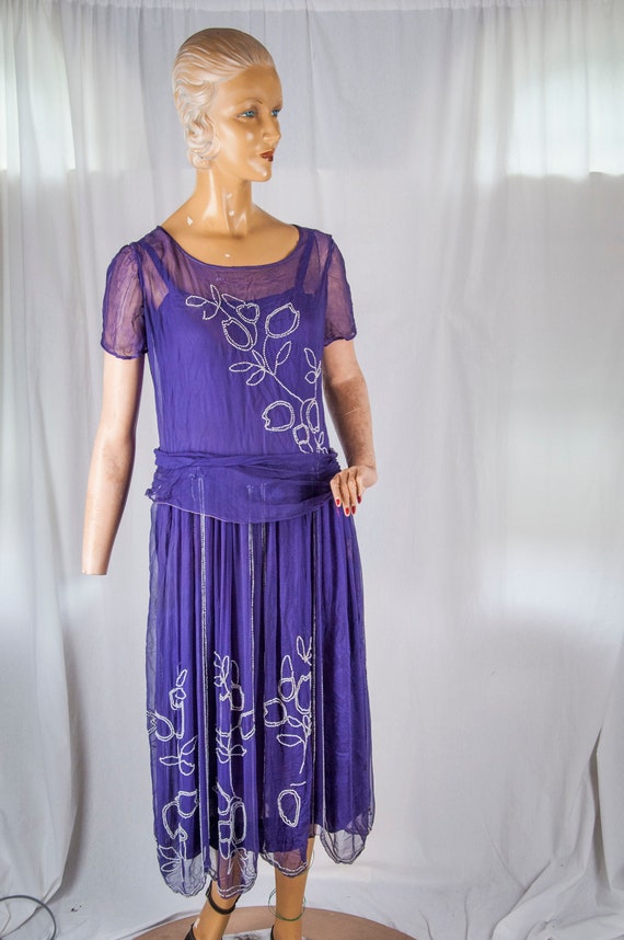 1920s,30's deep purple beaded chiffon dress. Flapp