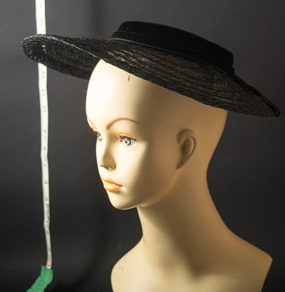 Vintage black cartwheel hat, black velvet and lacy