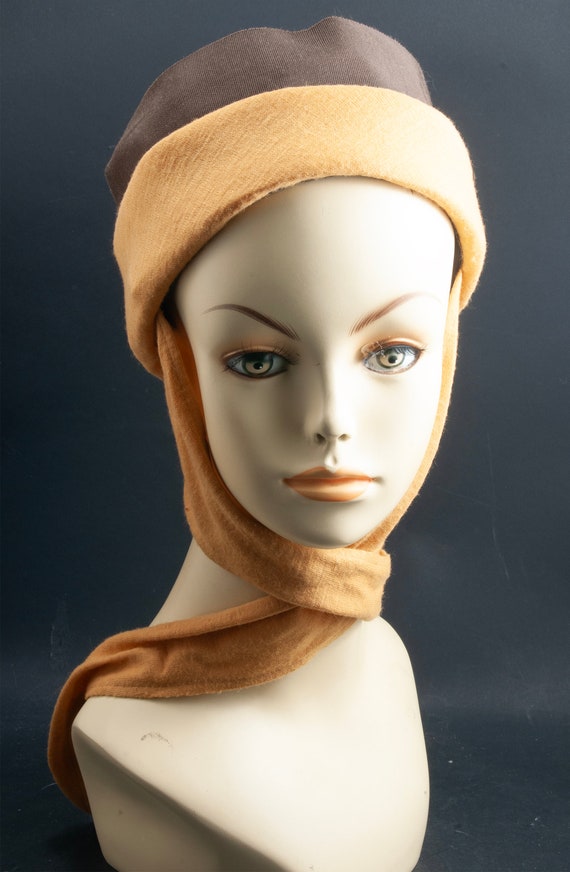 1970s gold and brown scarf hat.