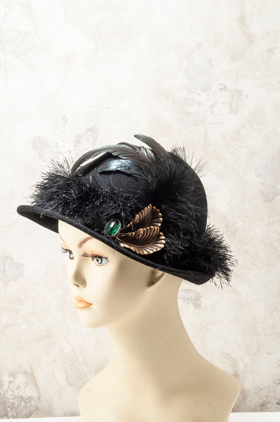 BOLD up cycled women's black wool hat w brass fea… - image 2