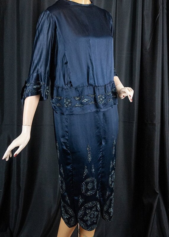 Antique, authentic, 1920s navy blue, beaded, silk… - image 1