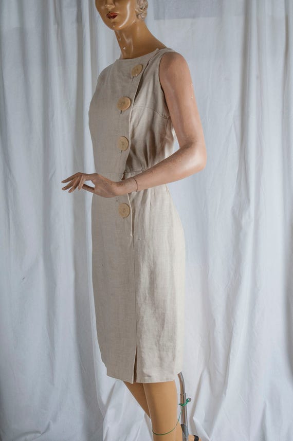 1960s, beige, asymmetrical linen dress w/ big Bak… - image 3