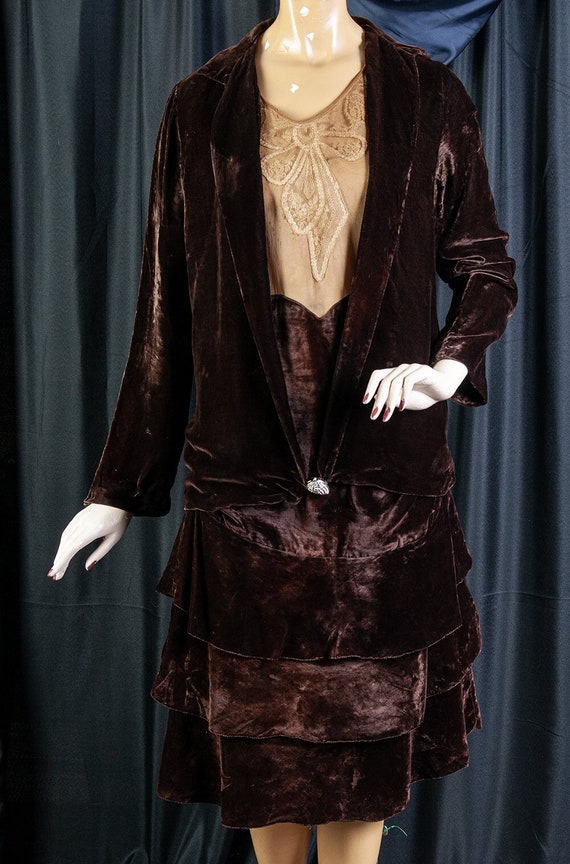 1920s 3 piece, brown velvet dress w jacket, and la