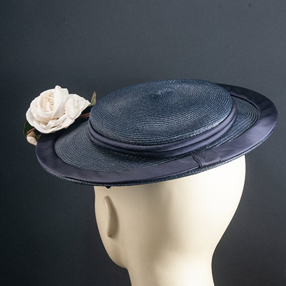 Adele Clair NY, navy halo hat. 1960, flower, fasc… - image 4