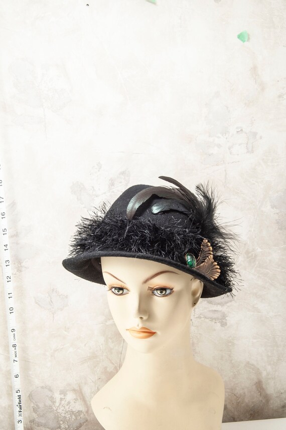 BOLD up cycled women's black wool hat w brass feat