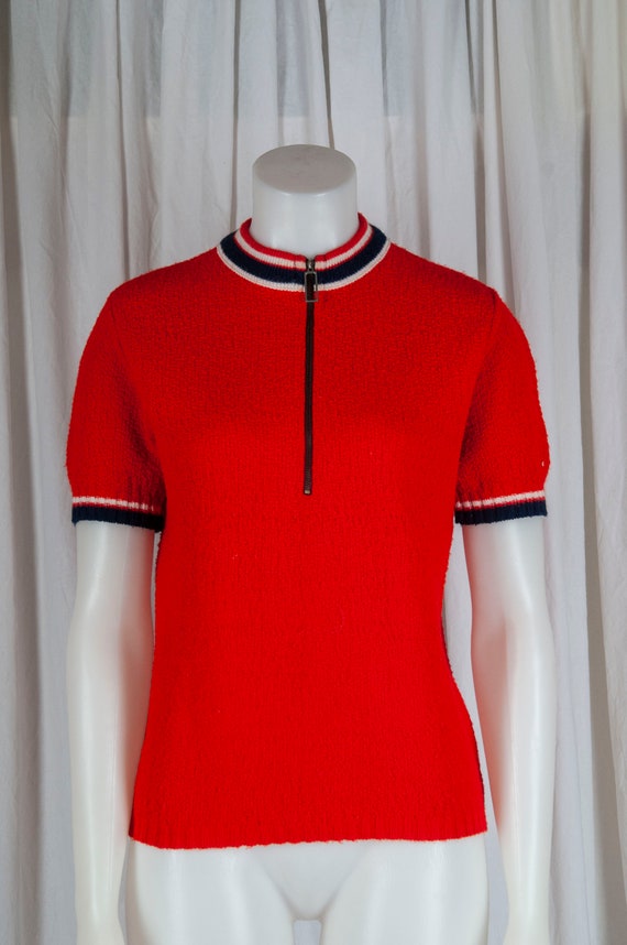 1970s bright red, short sleeved, half zip, boucle… - image 1